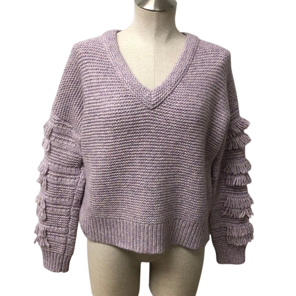 Madewell Sweater Womens XS Purple V-Neck Fringe Sleeve Boho Cottagecore Chunky